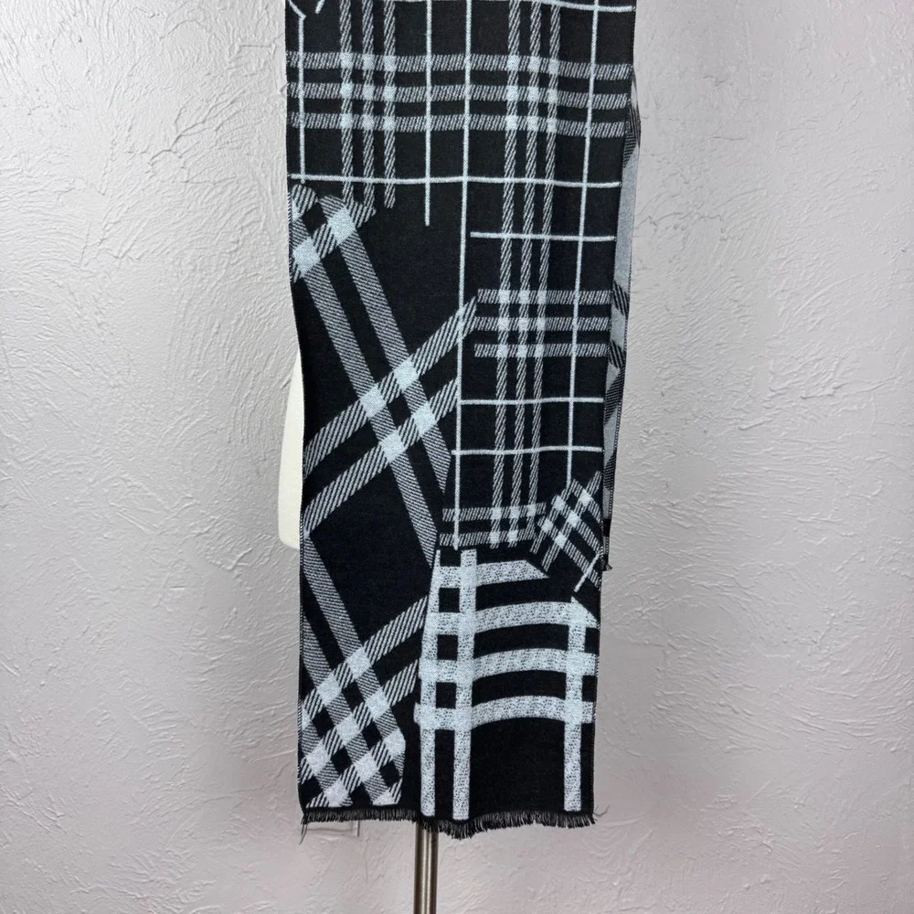 Super soft black and white abstract plaid winter scarf unisex minimalist